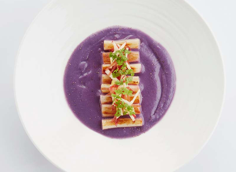 Red cabbage soup, sautéed salsify, chervil salad with grison meat