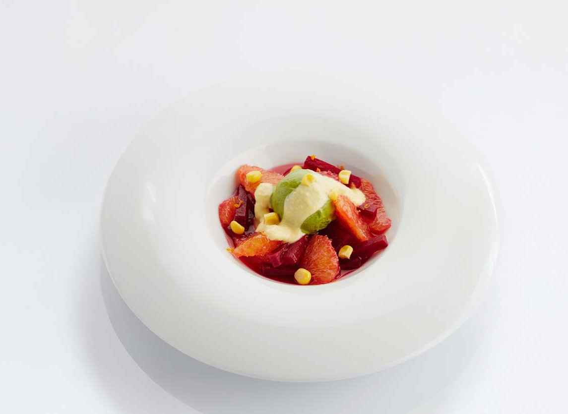 Sweetcorn sauce with spinach ice cream and blood orange