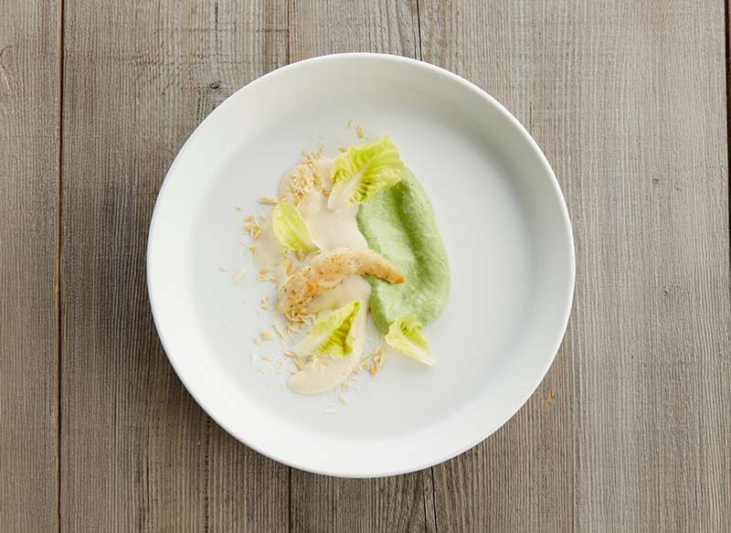 Lettuce Mousse with Almond Soup and Pan-Seared Chicken Tenderloins