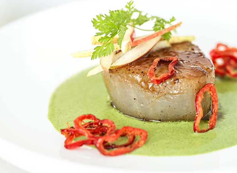 Glazed Yacon Steak with Pear, Chervil Sauce and Crispy Sweet Pepper Rings