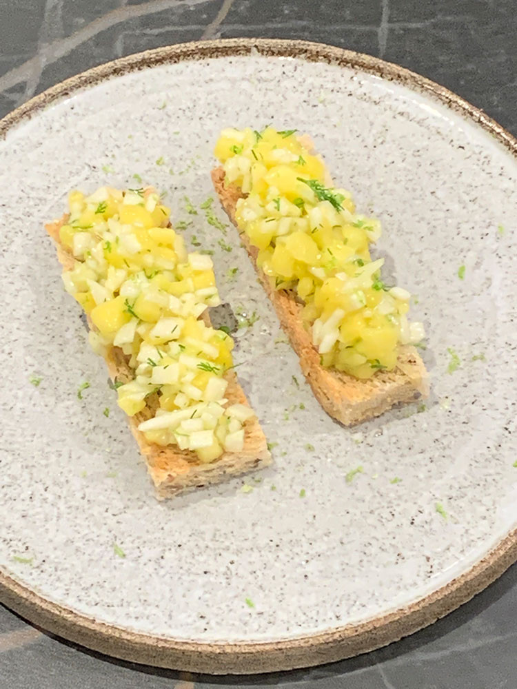 Mango turnip tartare with lime & dill on toast