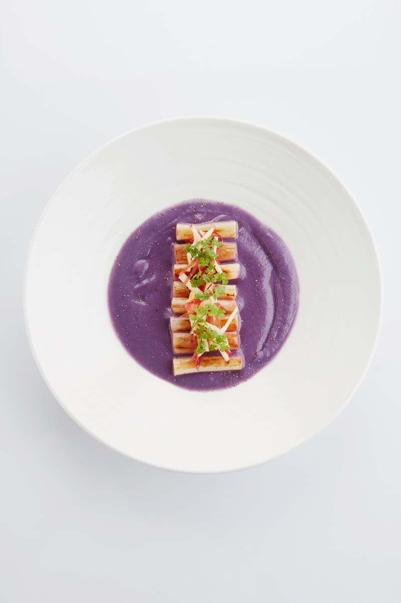 Red cabbage soup, sautéed salsify, chervil salad with grison meat