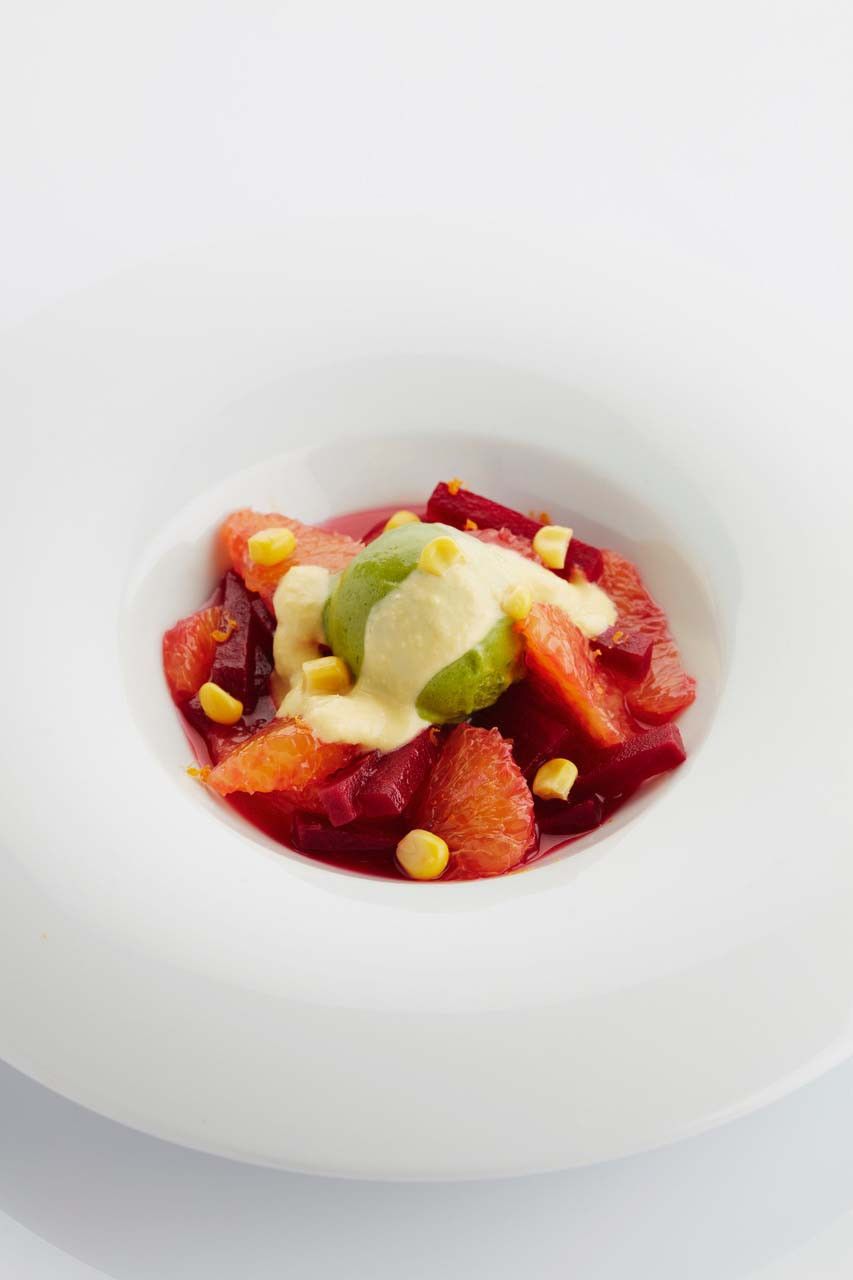 Sweetcorn sauce with spinach ice cream and blood orange