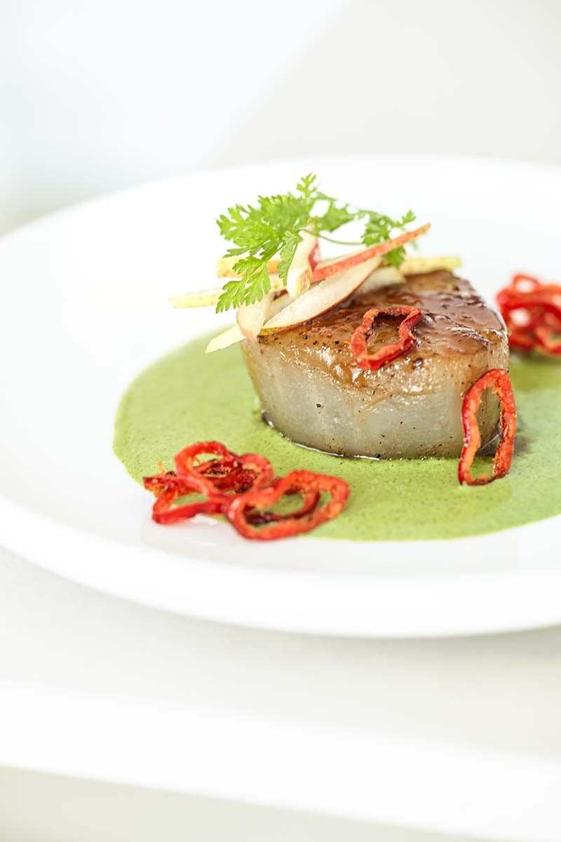 Glazed Yacon Steak with Pear, Chervil Sauce and Crispy Sweet Pepper Rings