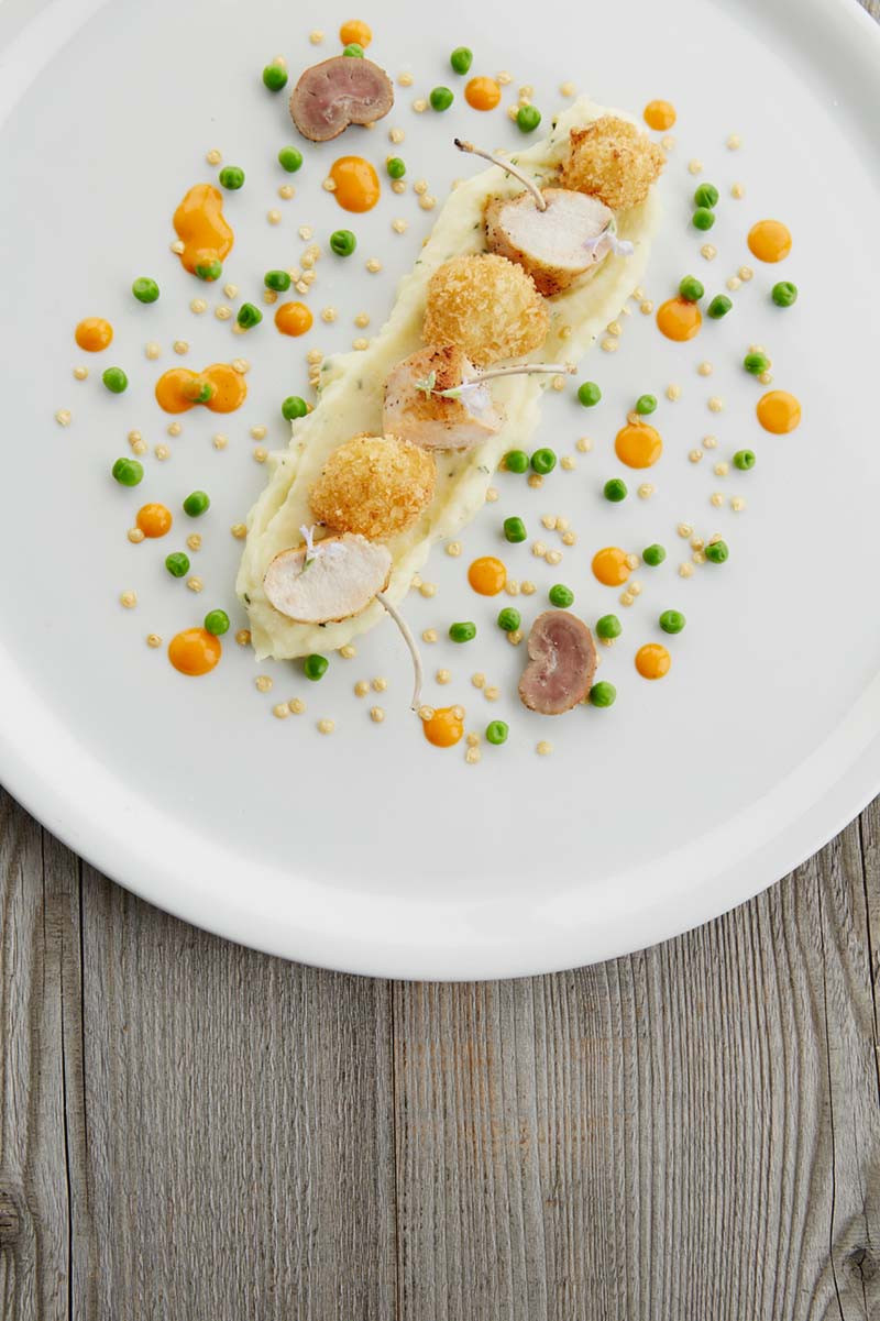 Cauliflower Croquettes with Paprika Drops,  Pan-Fried Rabbit Cutlet with Peas, Lemon & Rosemary