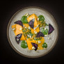 Open pumpkin ravioli with Achelse blue crumble, parsley sauce and Yka leaves.