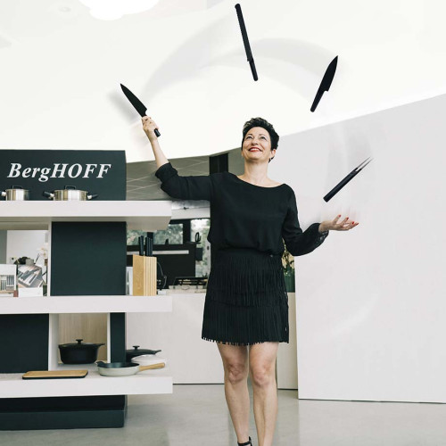 BergHoff Belgium manager Hilde Rutten with chefs knives