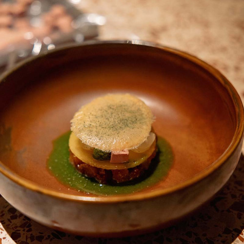 Starter: Roasted rutabaga | lovage vinaigrette | preserved figs | Marloeskes | chicken liver pâté